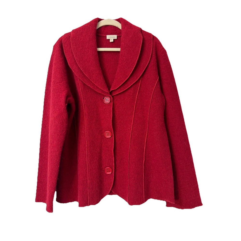 VENARIO 100% Wool button‎ down ruffled long sleeve Blazer cardigan Red Size XXL